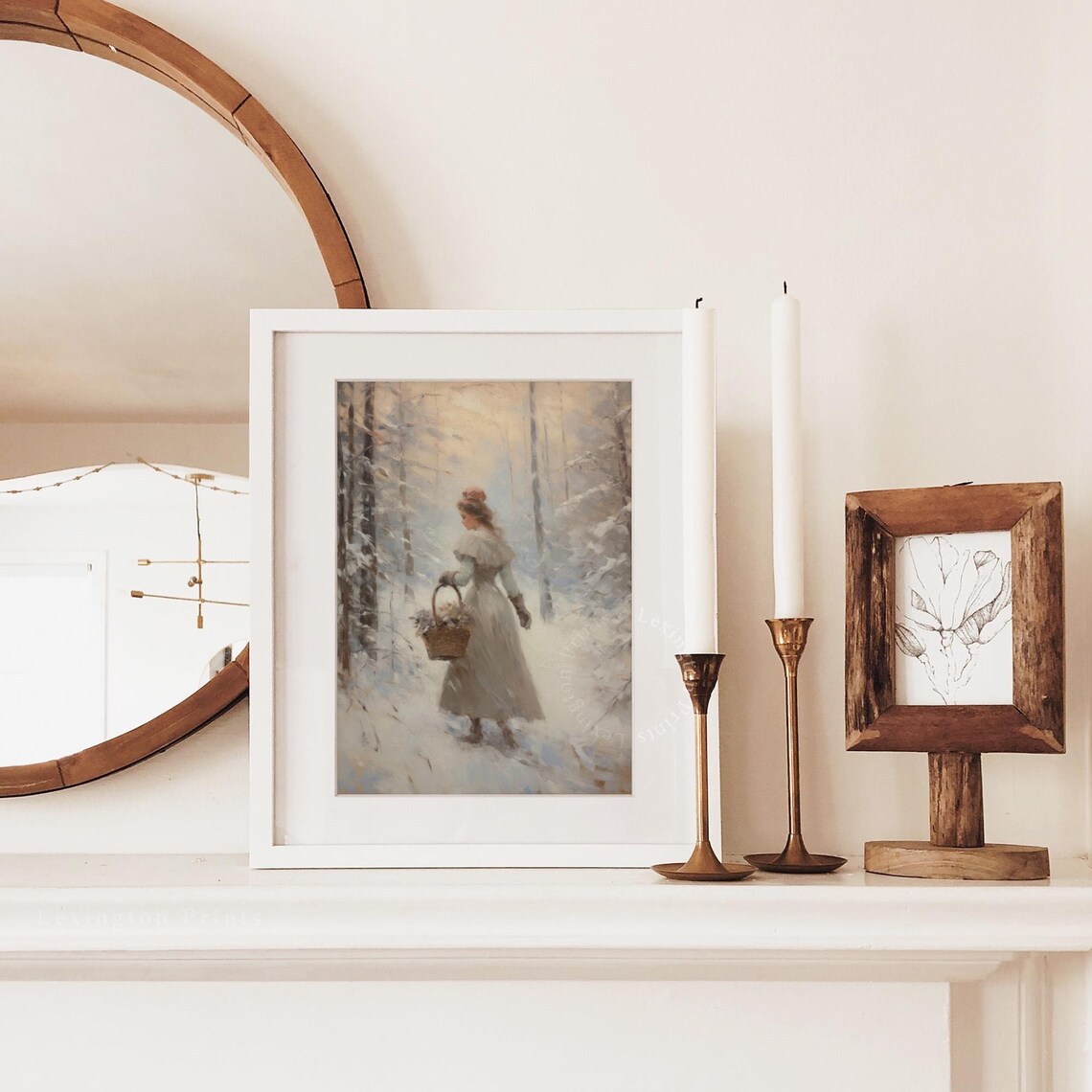 Woman Winter Forest Snowy Basket Vintage Moody Painting Poster - Image 3