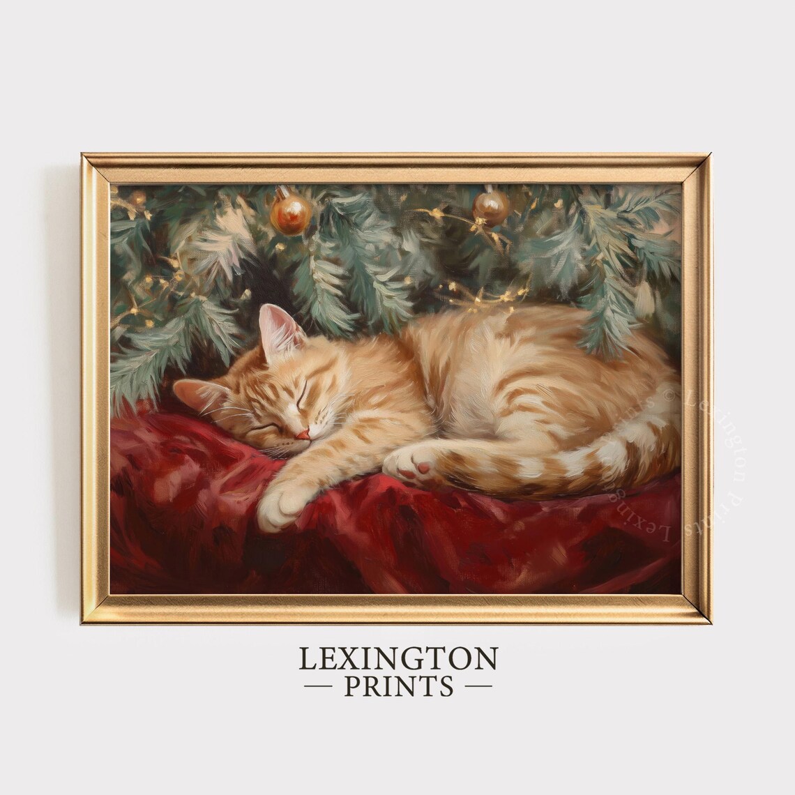 Orange Tabby Cat Sleeping Under Christmas Tree Cozy Holiday Pet Poster