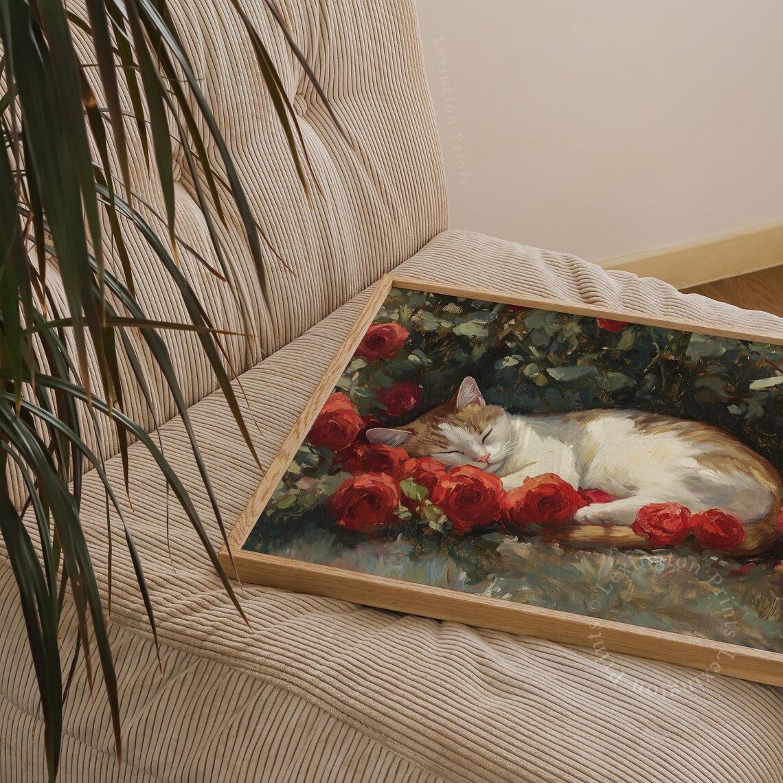Sleeping Cat Among Red Roses Vintage Floral Oil Painting Wall Art - Image 6