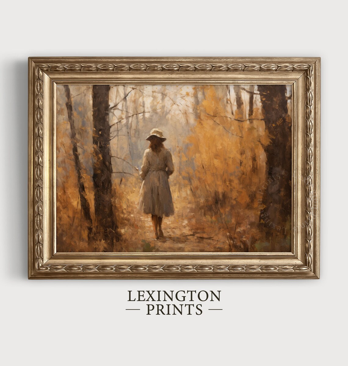 Woman Walking into Golden Autumn Forest Oil Painting Fall Poster - Image 5