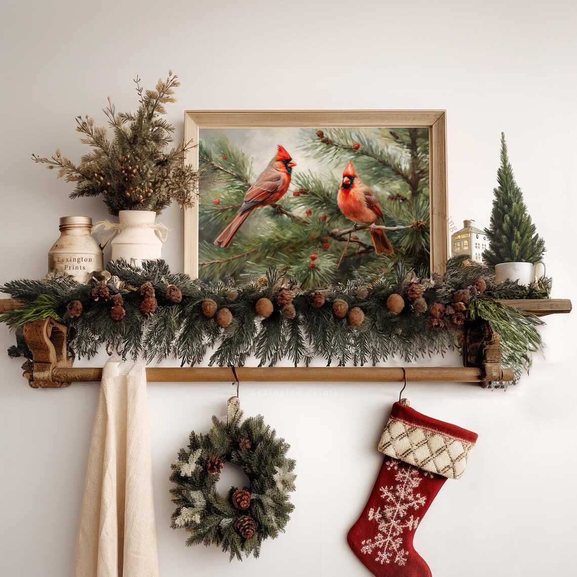 Red Cardinals Pine Branch Berries Winter Bird Painting Poster - Image 7