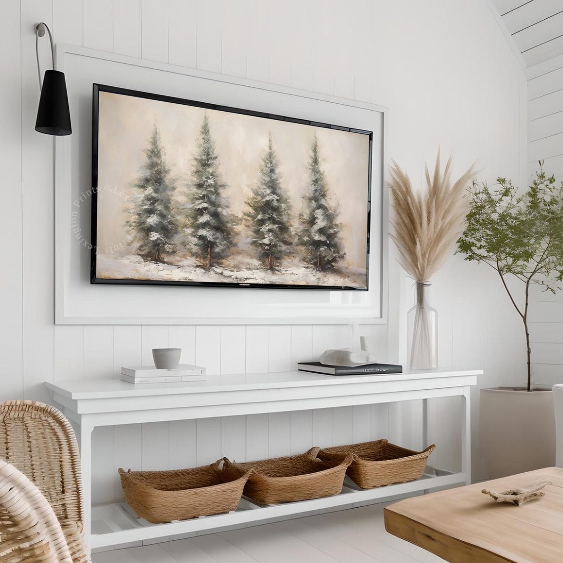 Four Snowy Pine Trees Neutral Winter Oil Painting Scene Poster - Image 7