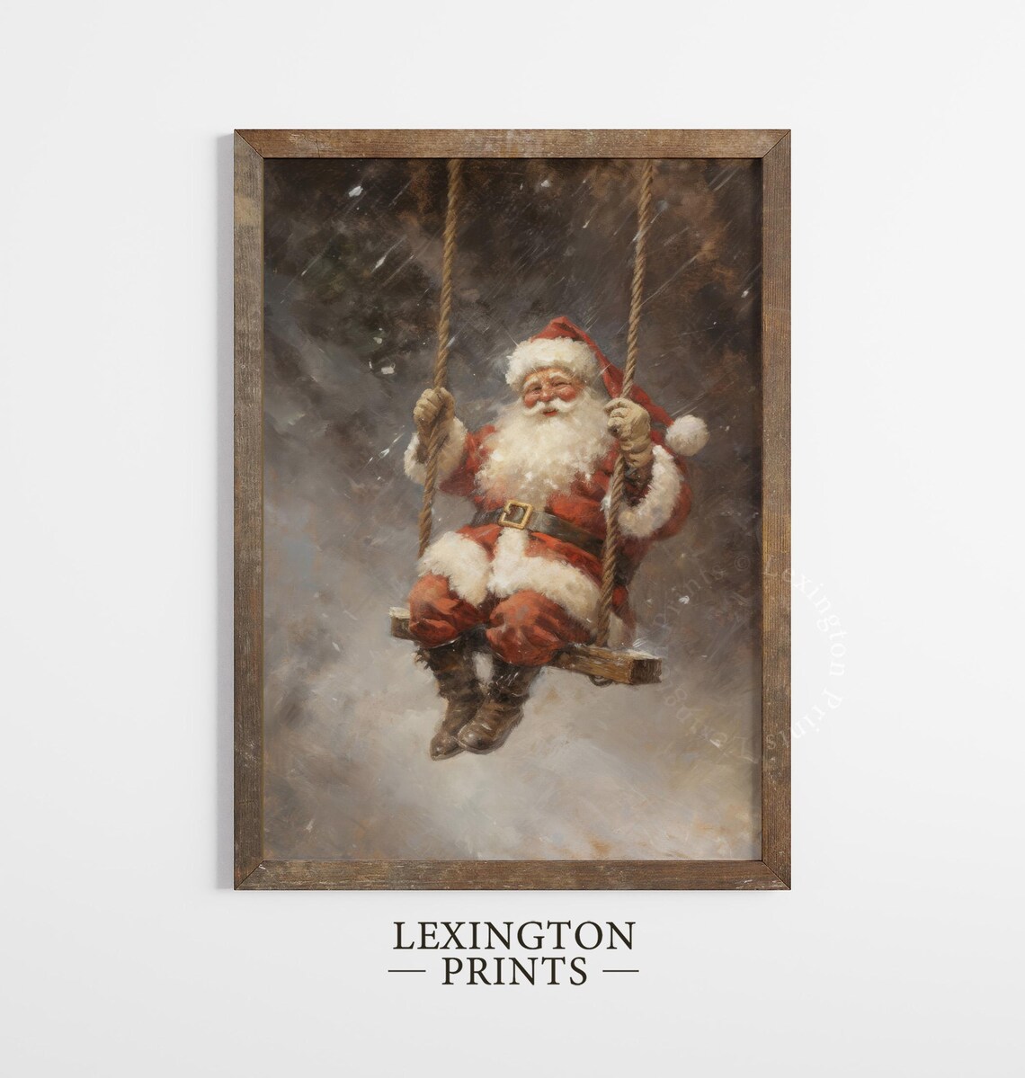 Vintage Santa Claus Swinging in Snow Oil Painting Christmas Poster - Image 5