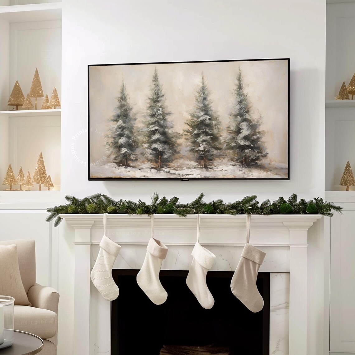 Four Snowy Pine Trees Neutral Winter Oil Painting Scene Poster - Image 8