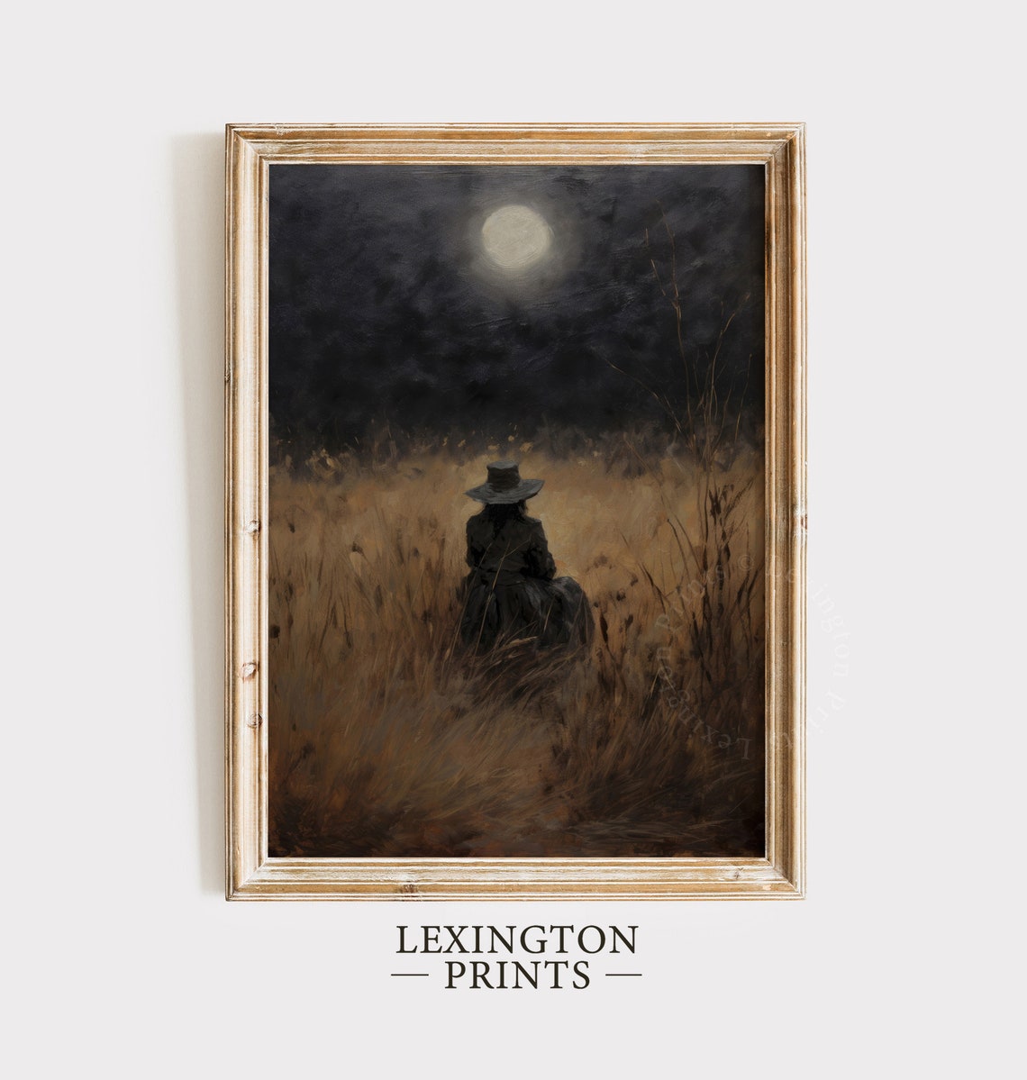 Woman in Wide Brim Hat under Full Moon in Night Field Poster - Image 6