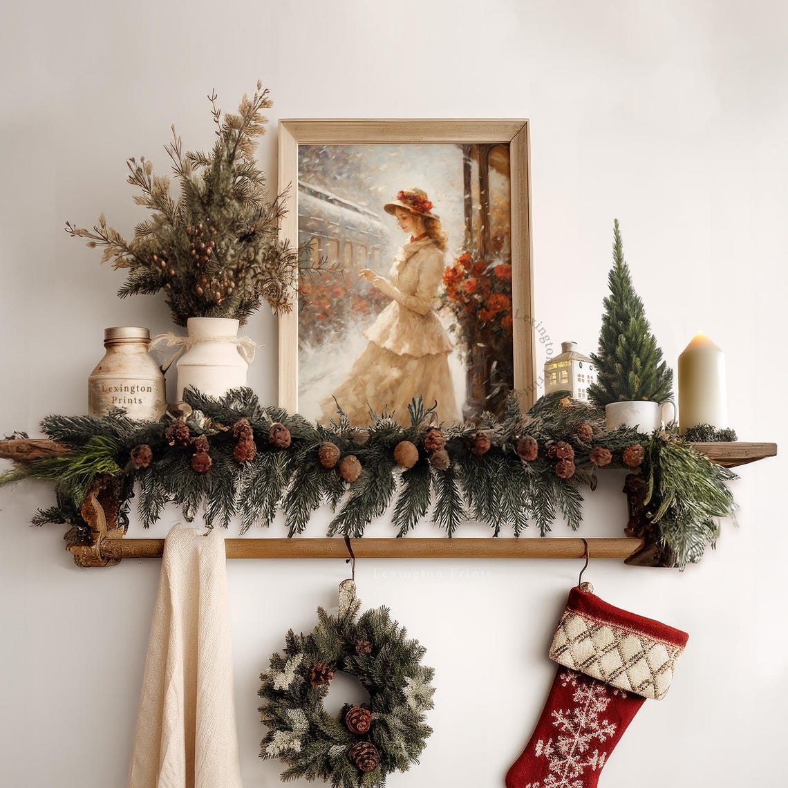 Winter Print Vintage Christmas Wall Art Woman Christmas Oil Painting Christmas Decor Vintage 1950s Art City Train Art Holiday Winter Art 308 - Image 6