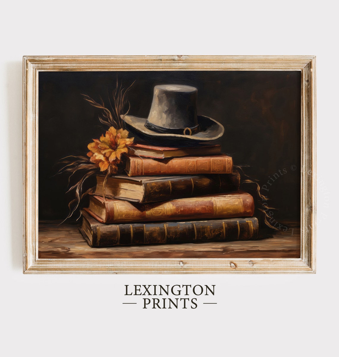 Pilgrim Hat on Stack of Old Books Vintage Fall Painting Poster