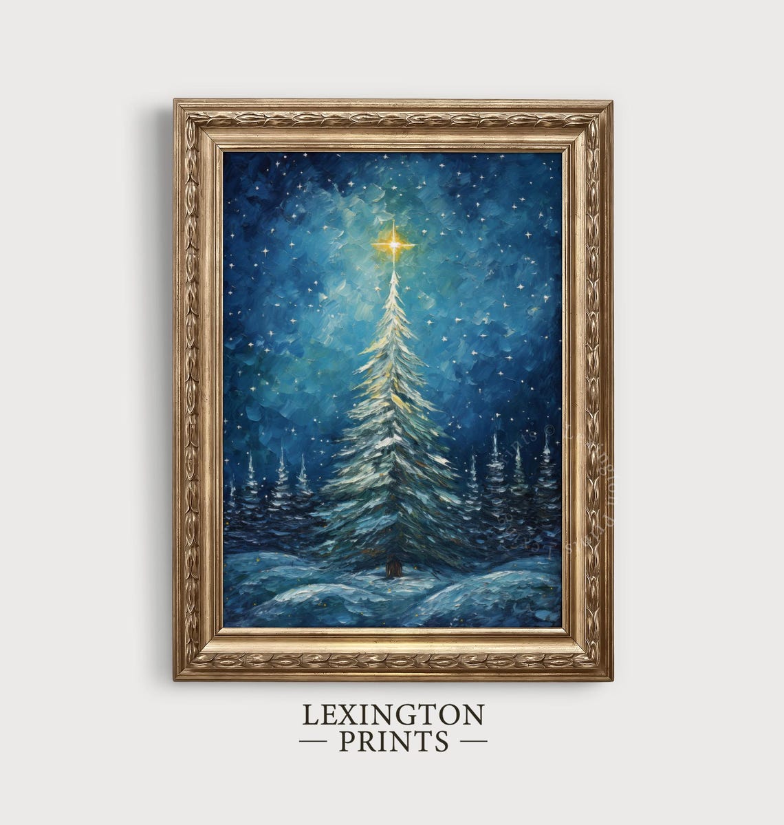 Snowy White Christmas Tree Glowing Star Blue Night Sky Poster - Image 2