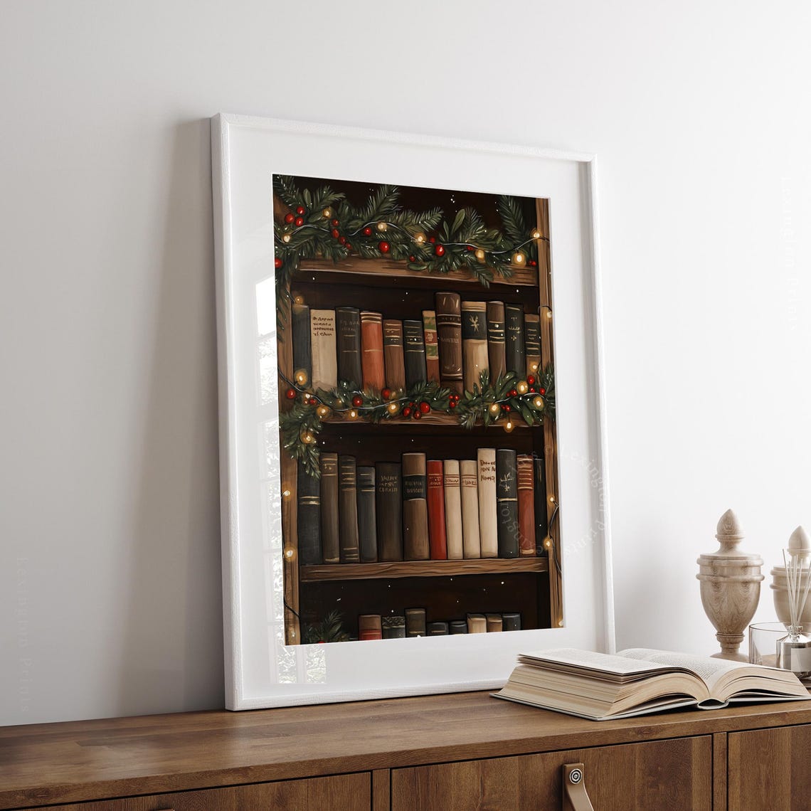 Christmas Bookshelf With Pine Garland And Twinkle Lights Cozy Poster - Image 2