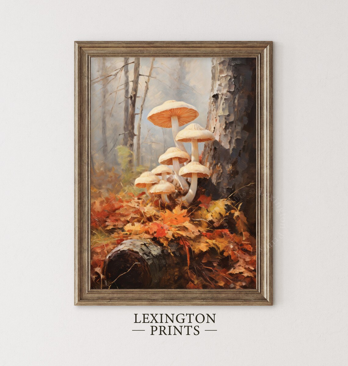 White Mushrooms by a Tree Trunk Autumn Leaves Woodland Poster - Image 2