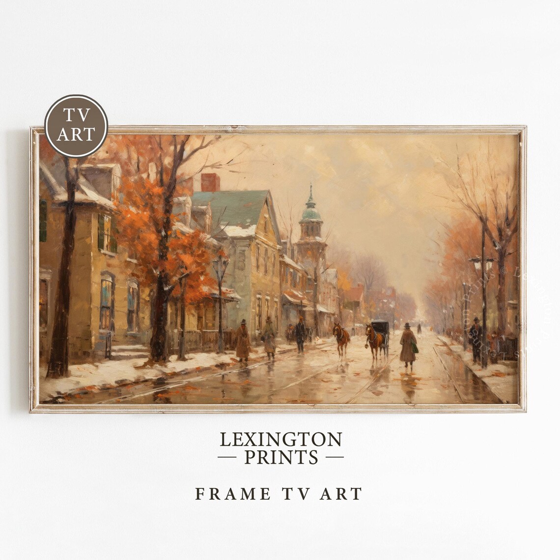 Vintage Horse Carriage Old Town Street Winter Frame TV Art Poster