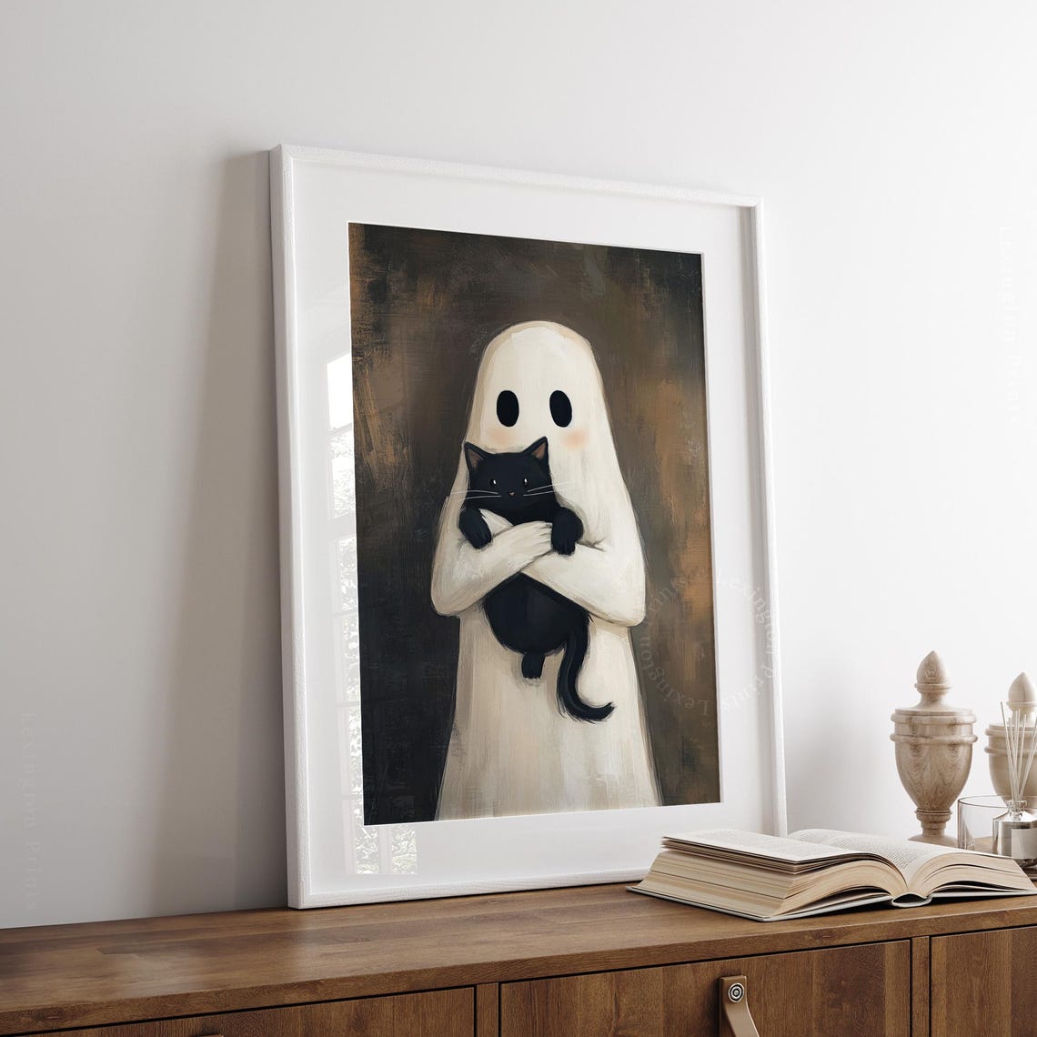 Cute Ghost Holding Black Cat Spooky Halloween Painting Poster - Image 6
