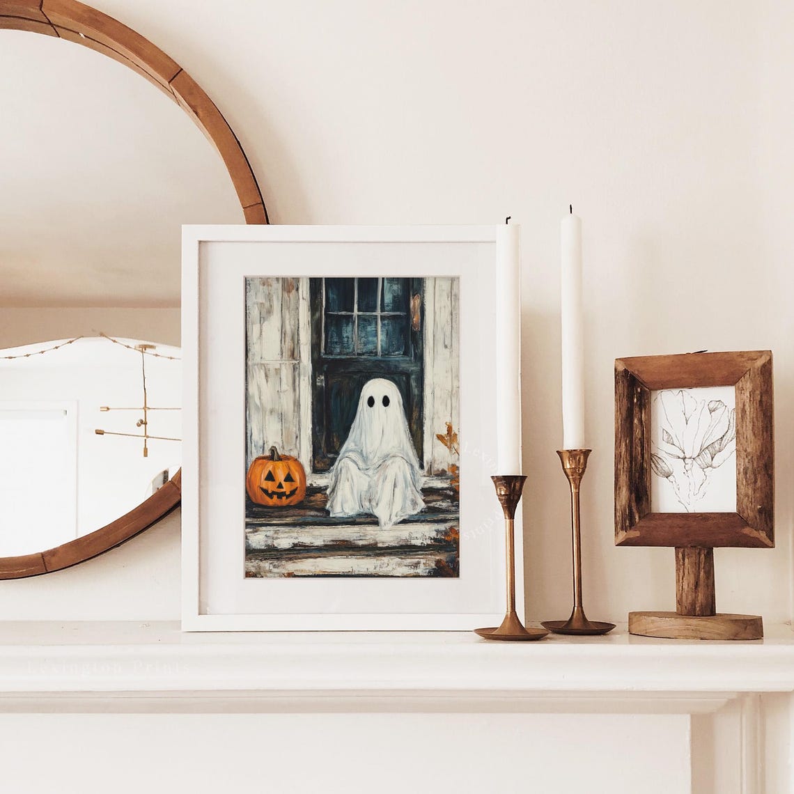 Ghost Sitting on Porch Steps with Jack-o-Lantern Halloween Poster - Image 3