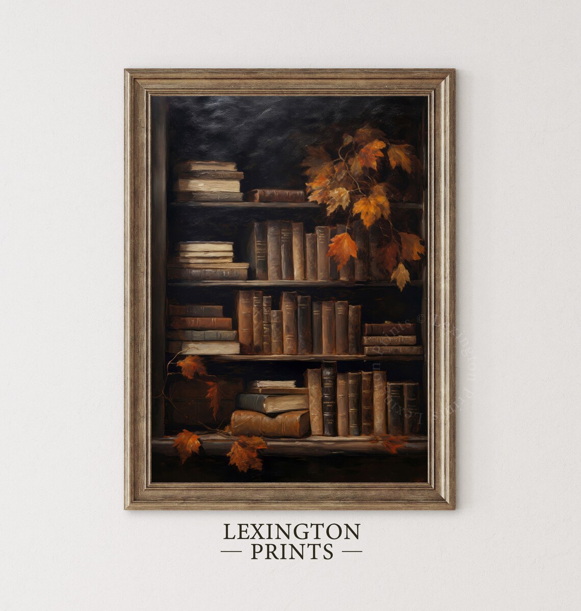 Dark Moody Bookshelf Vintage Books Autumn Maple Leaves Rustic Painting Poster - Image 8