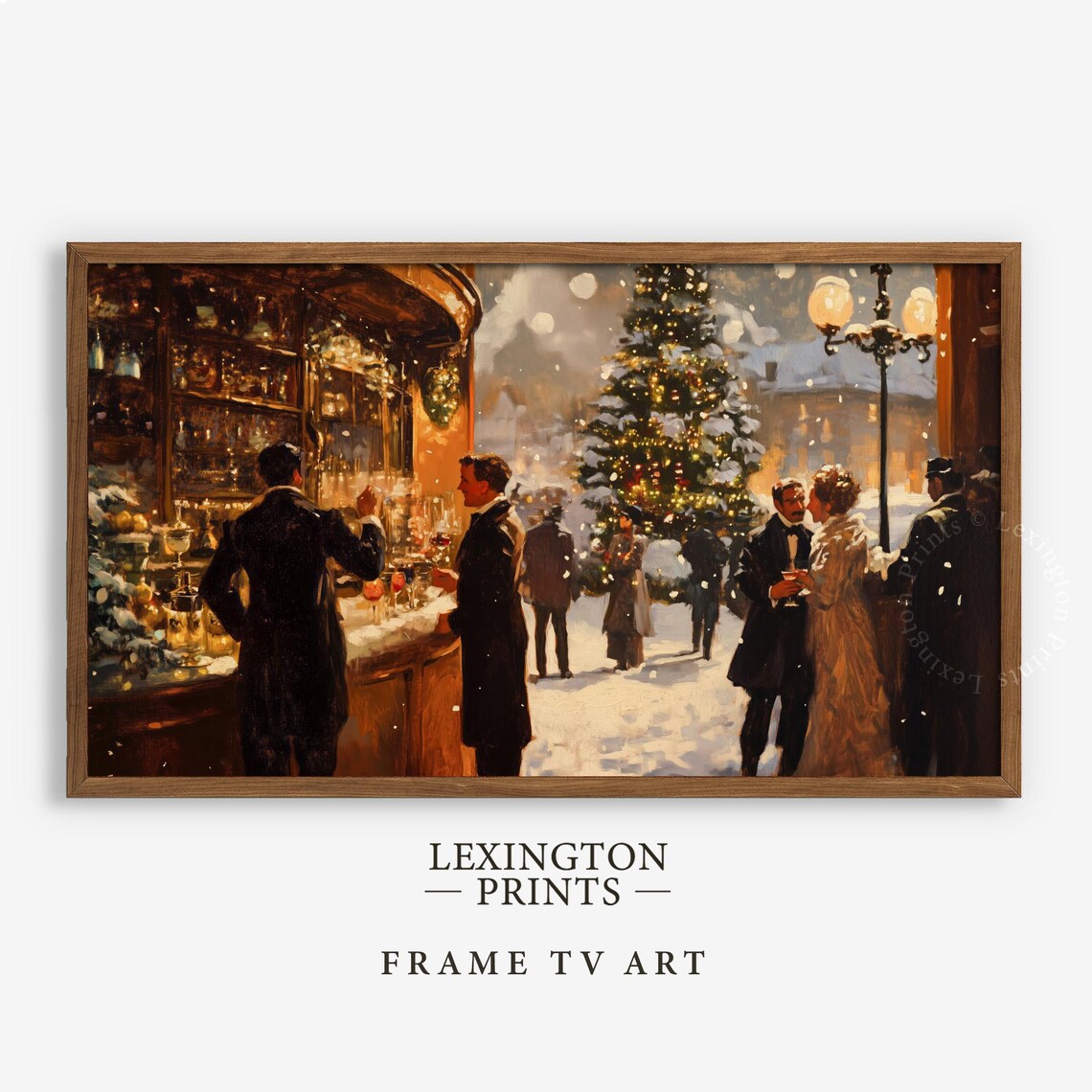 Vintage Snowy Cafe Christmas Eve Street Scene Painting Poster - Image 6