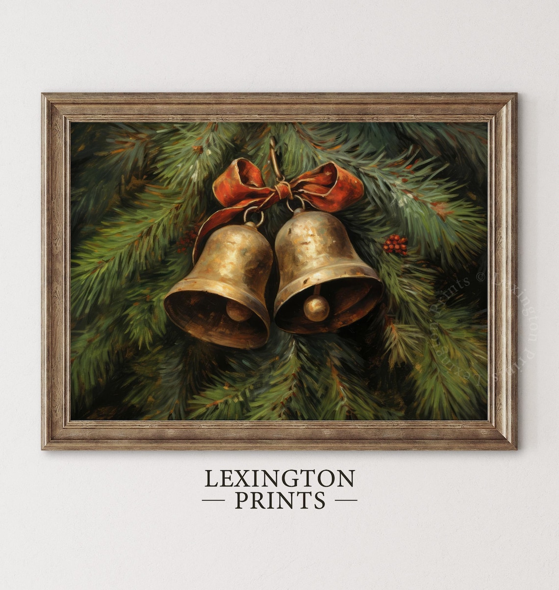 Christmas Brass Jingle Bells Pine Branch Red Bow Vintage Wall Art - Image 6