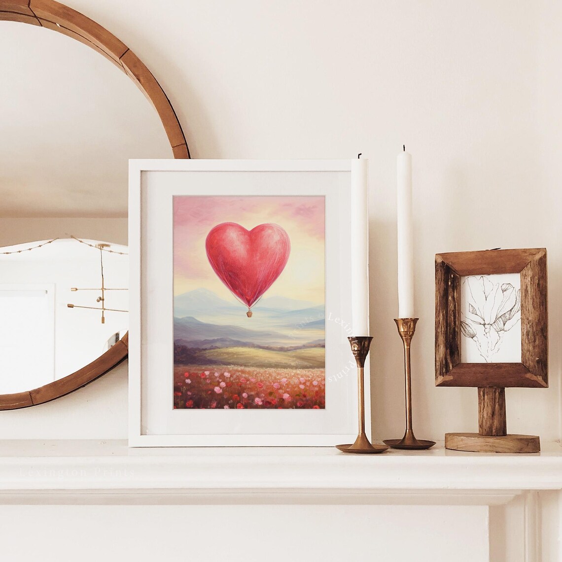 Red Heart Hot Air Balloon Over Wildflower Meadow Sunset Art Print - Image 3