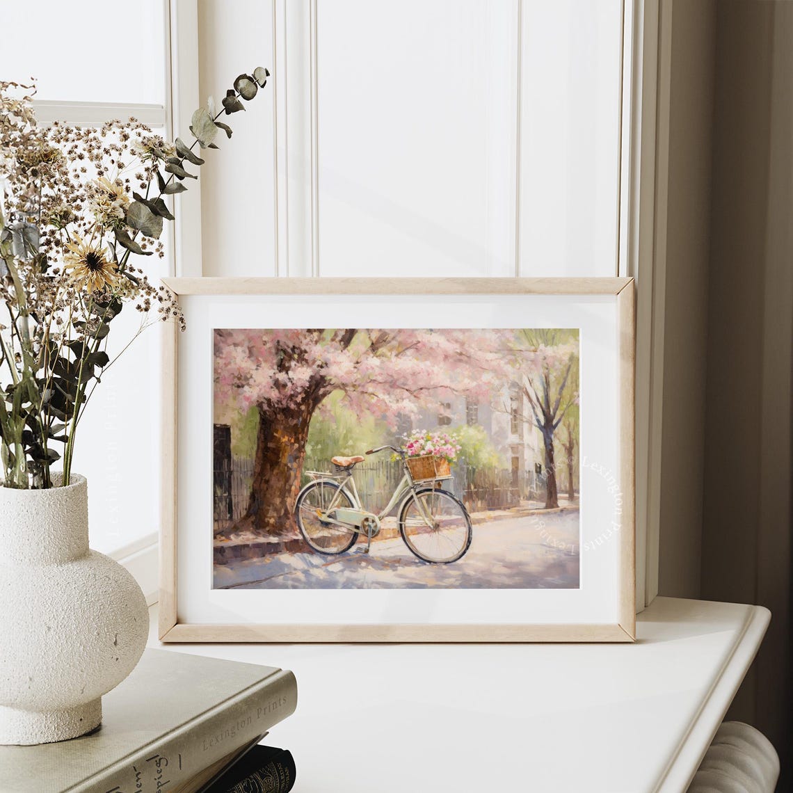 Vintage Bicycle With Flower Basket Under Cherry Blossom Tree Print - Image 7