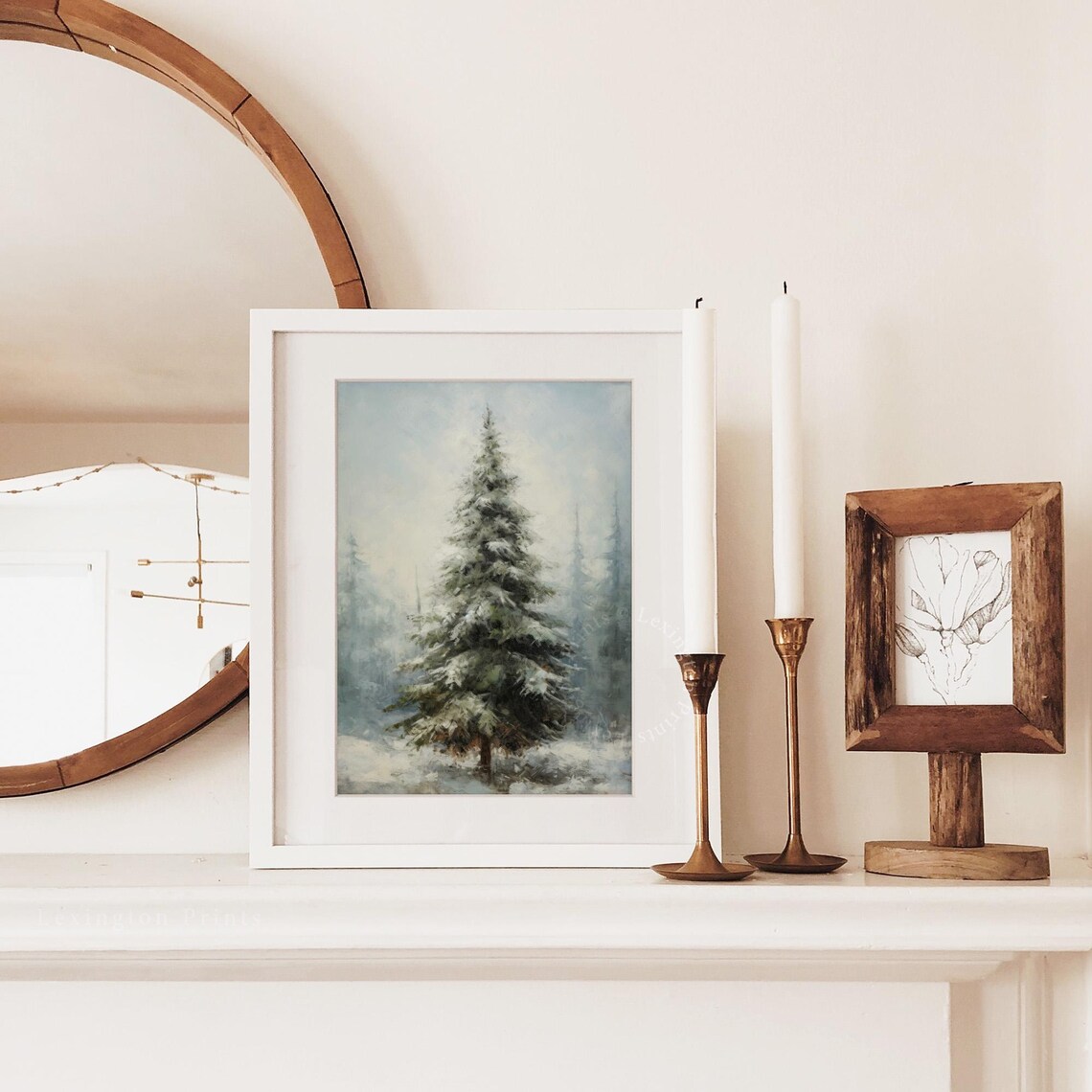 Snowy Pine Tree Winter Forest Foggy Landscape Vintage Painting Poster - Image 3