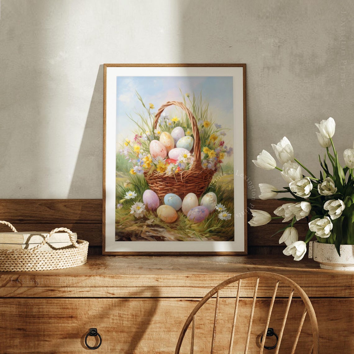 Pastel Easter Eggs in Wicker Basket With Spring Flowers Art Print - Image 3
