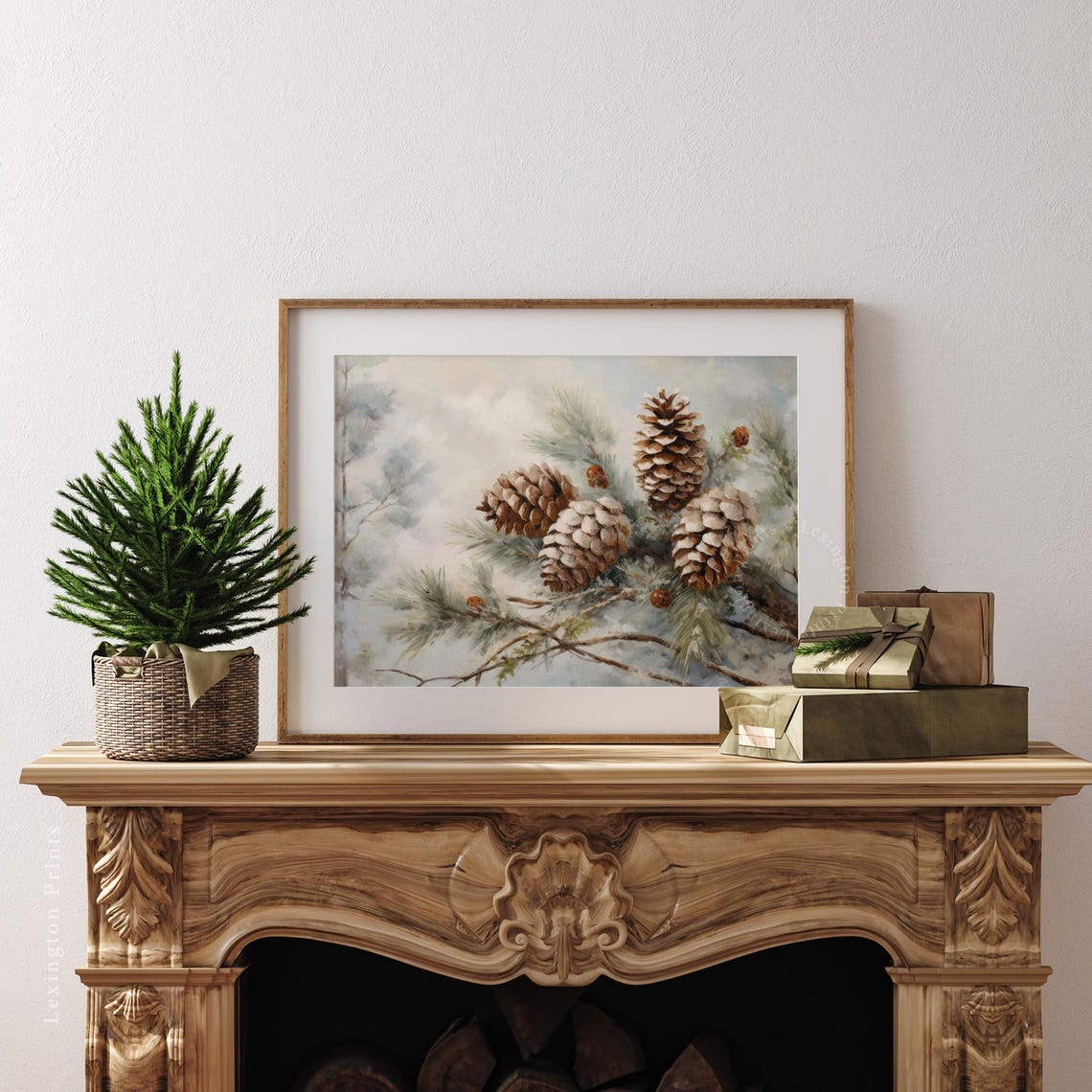 Snowy Pine Cones Frosted Evergreen Branch Winter Painting Poster - Image 3