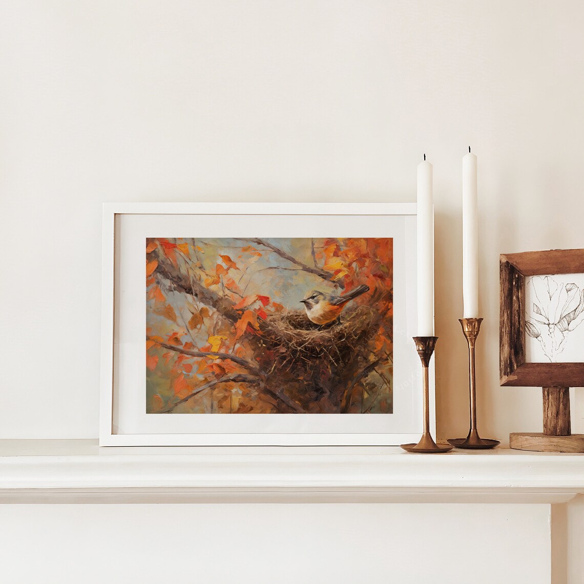 Small Bird In Nest Autumn Branches Orange Leaves Vintage Nature Poster - Image 2