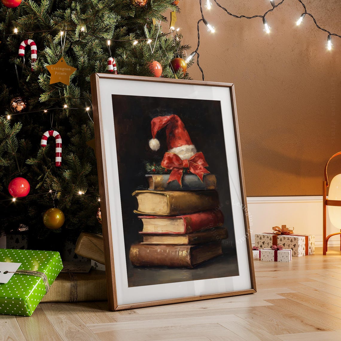 Stack of Old Books with Santa Hat and Red Bow Christmas Poster - Image 7