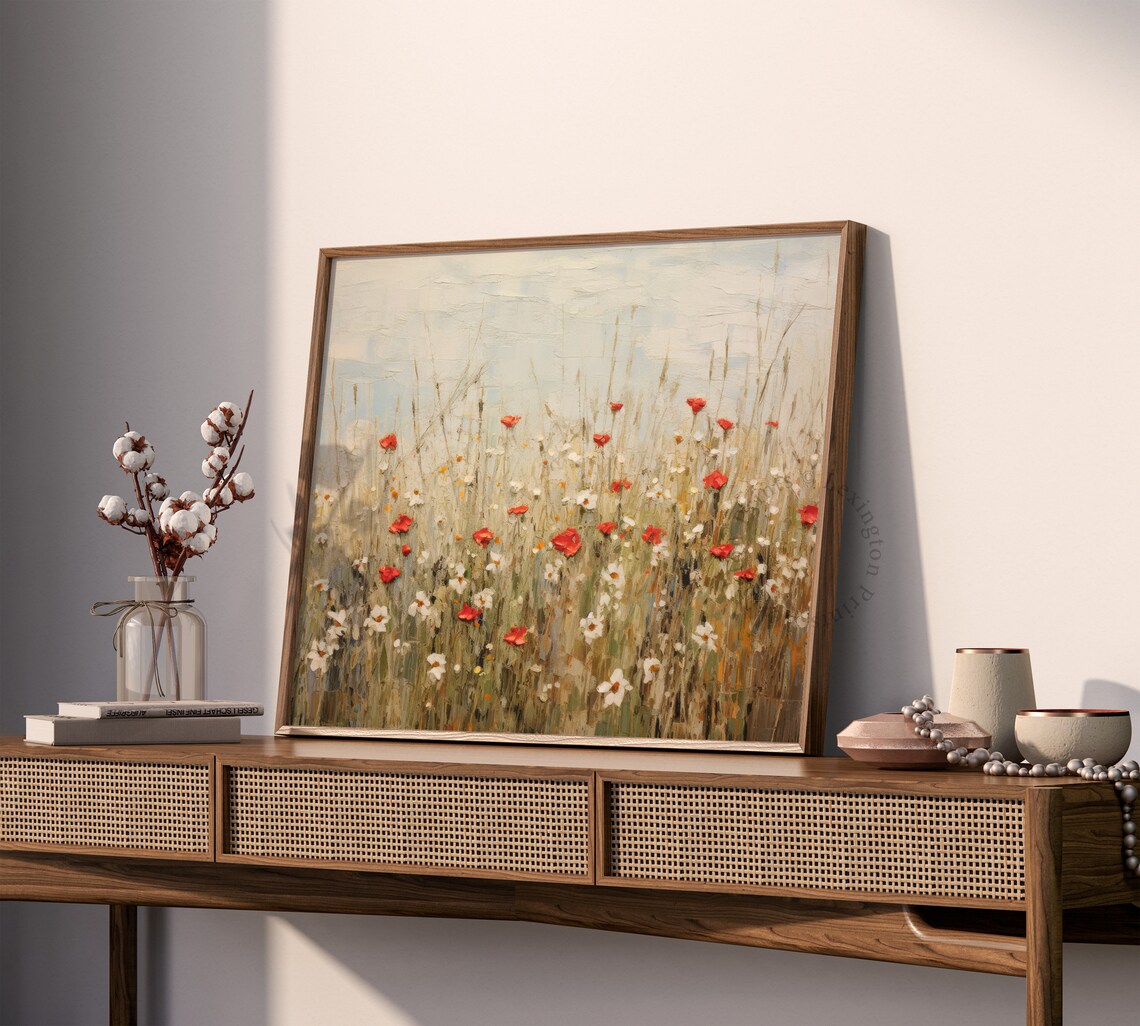 Red Poppies and White Daisies in Soft Wildflower Meadow Poster - Image 7