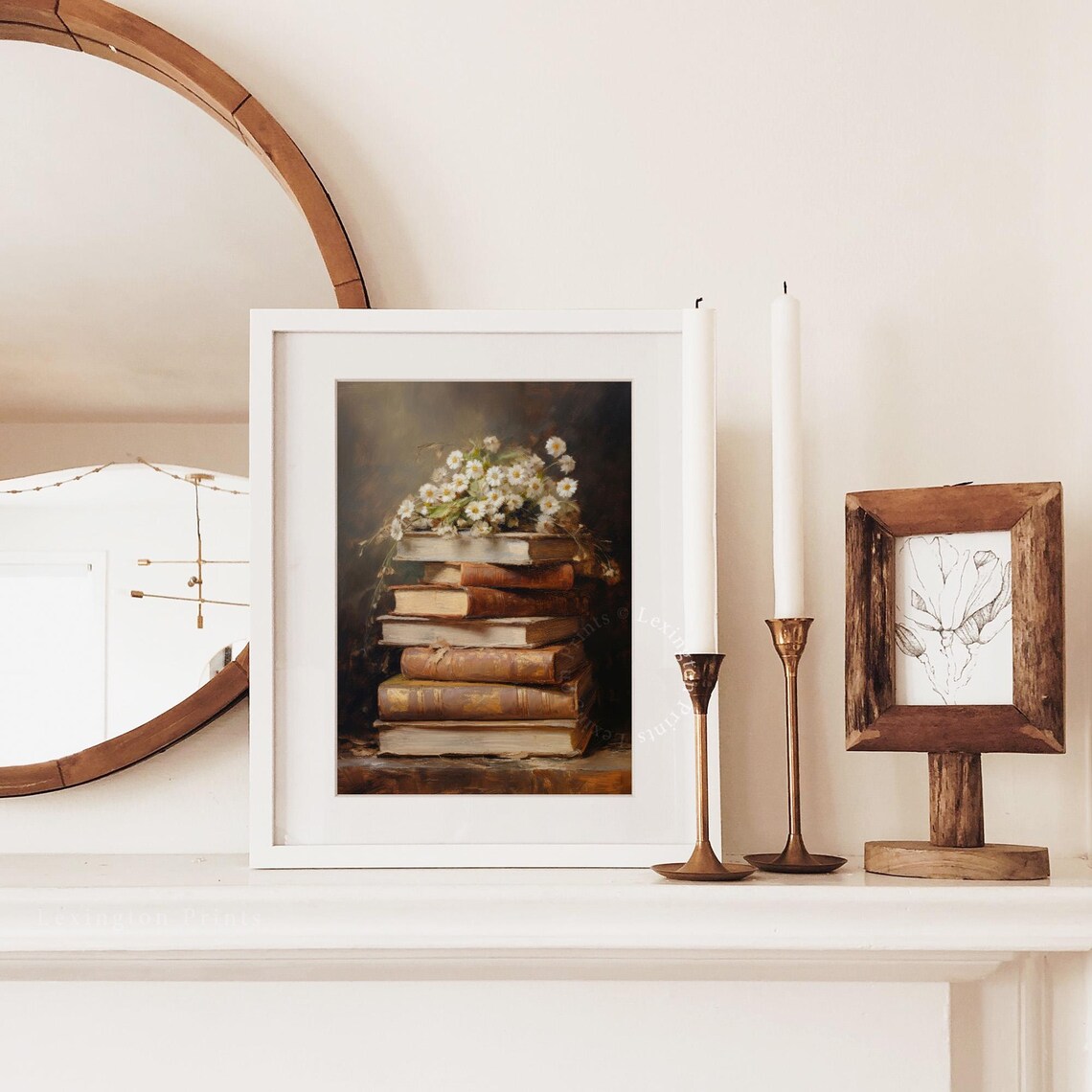 Vintage Stack of Books and White Daisy Bouquet Still Life Poster - Image 2