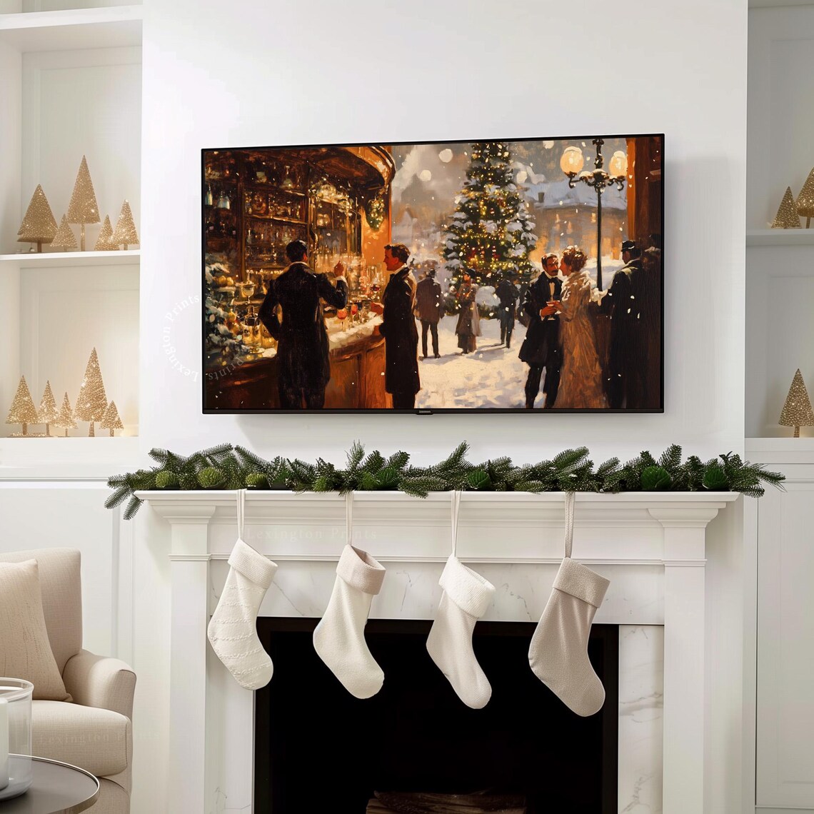 Vintage Snowy Cafe Christmas Eve Street Scene Painting Poster - Image 8