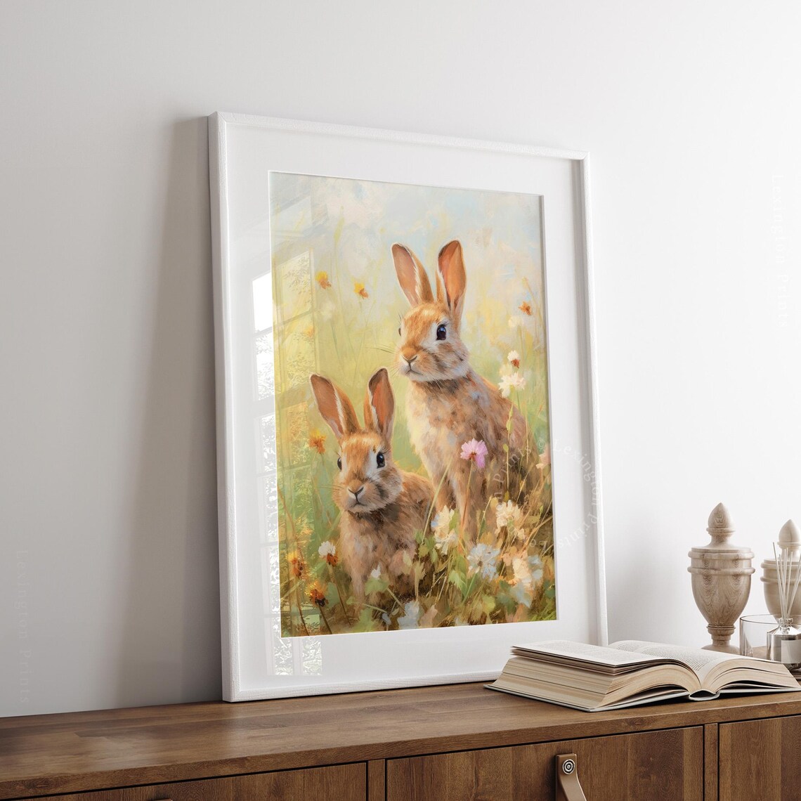 Two Bunnies in a Wildflower Meadow Vintage Spring Farmhouse Wall Art - Image 7