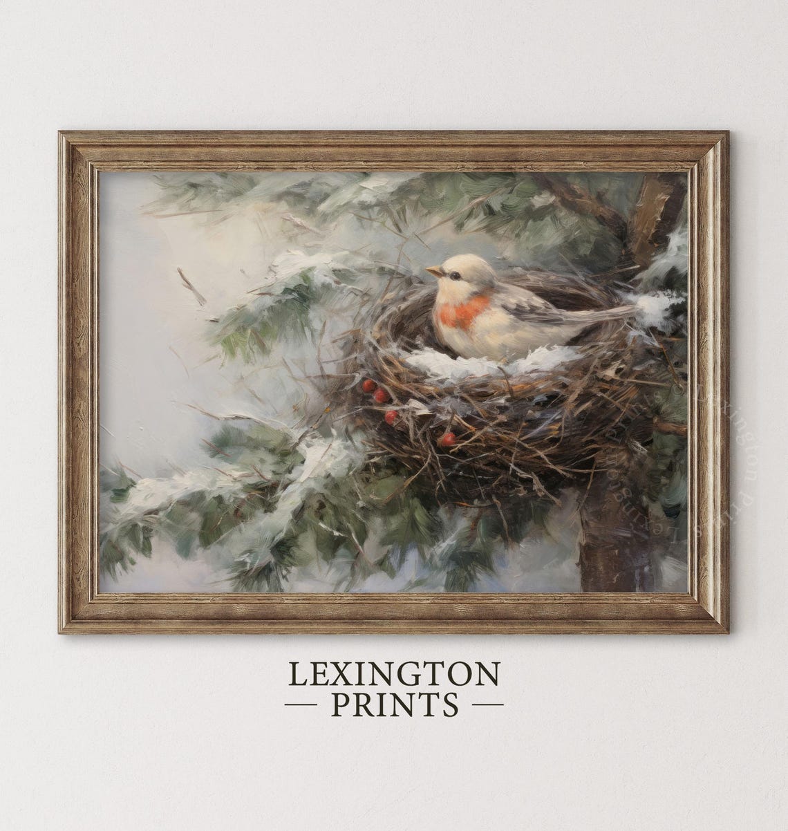 Small Bird in Snowy Nest on Pine Branch Winter Painting Poster - Image 2