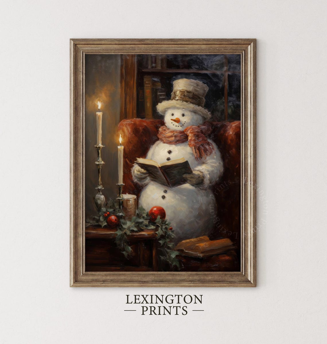 Cozy Snowman In Top Hat Reading Book By Candlelight Christmas Poster - Image 5