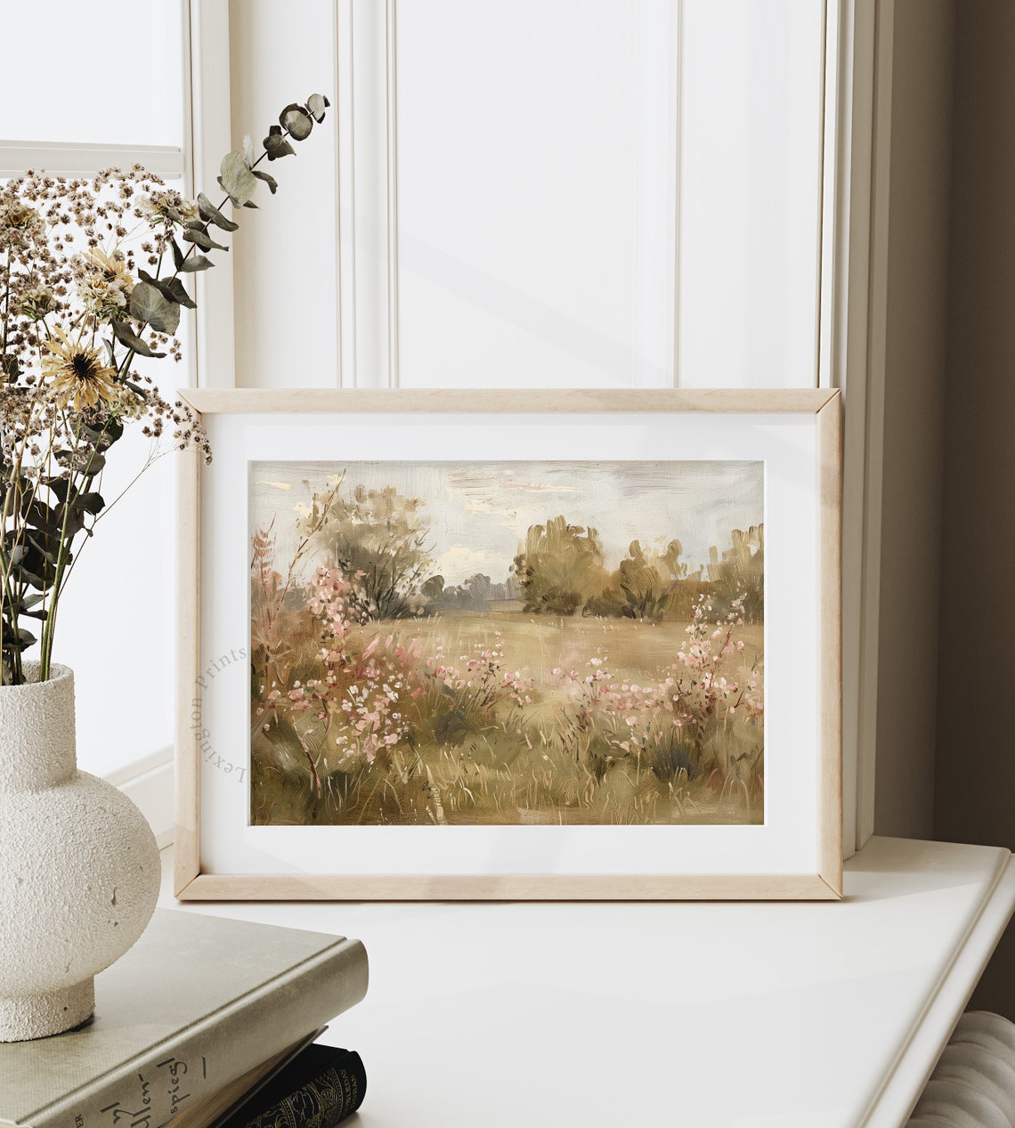 Impressionist Wildflower Meadow With Trees Pastel Landscape Art Print - Image 4