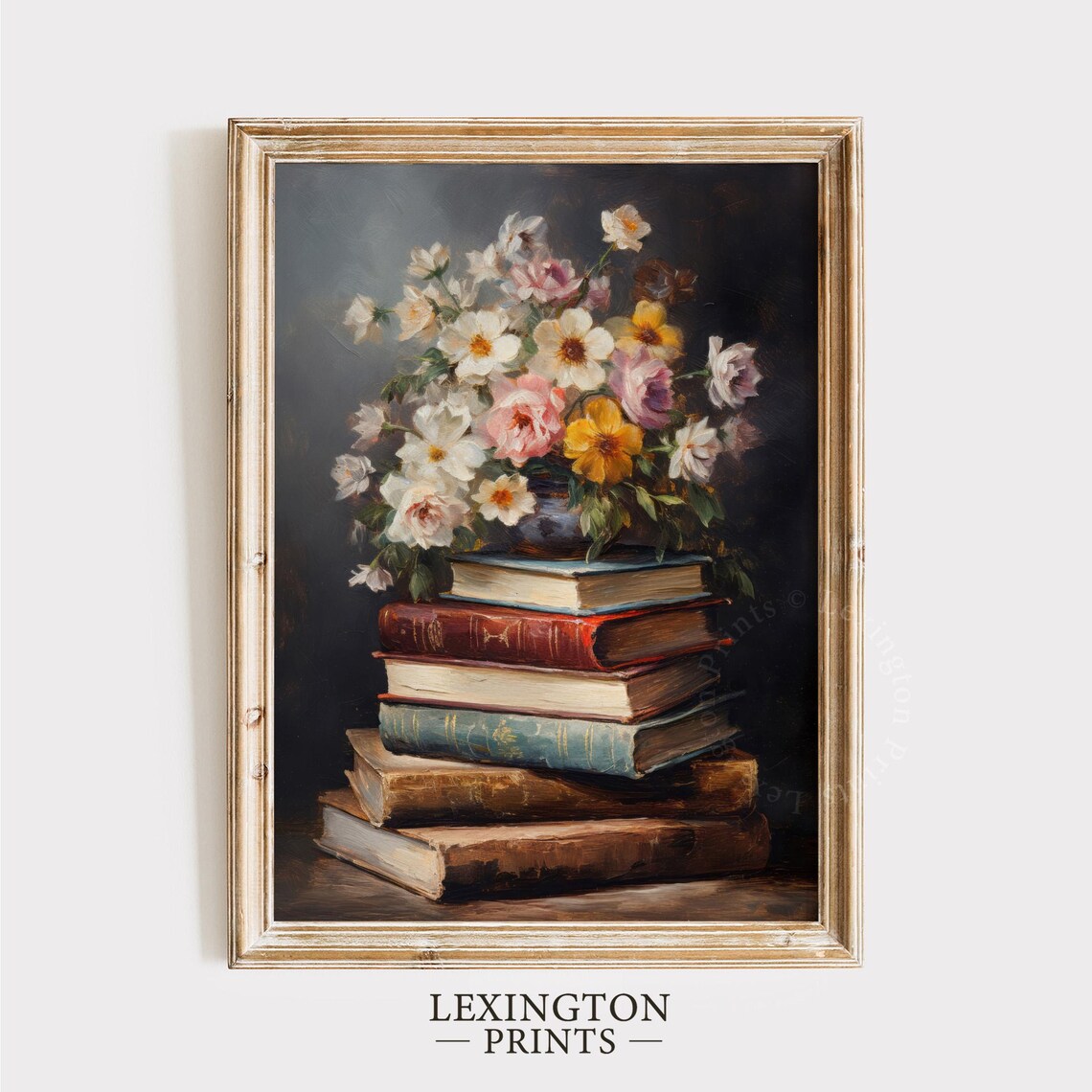 Wildflower Bouquet on Stack of Antique Books Dark Still Life Print - Image 4