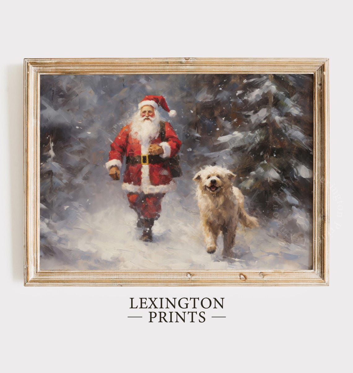 Santa Claus Walking Through Snowy Woods With Happy White Dog Poster