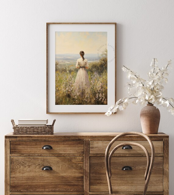 Vintage Woman in Wildflower Field Dreamy Landscape Romantic Poster