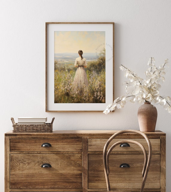 Vintage Woman In Wildflower Field Print Vintage Spring Wall Art Moody Spring Print Farmhouse Print Neutral Wall Art Wildflower Art 577
