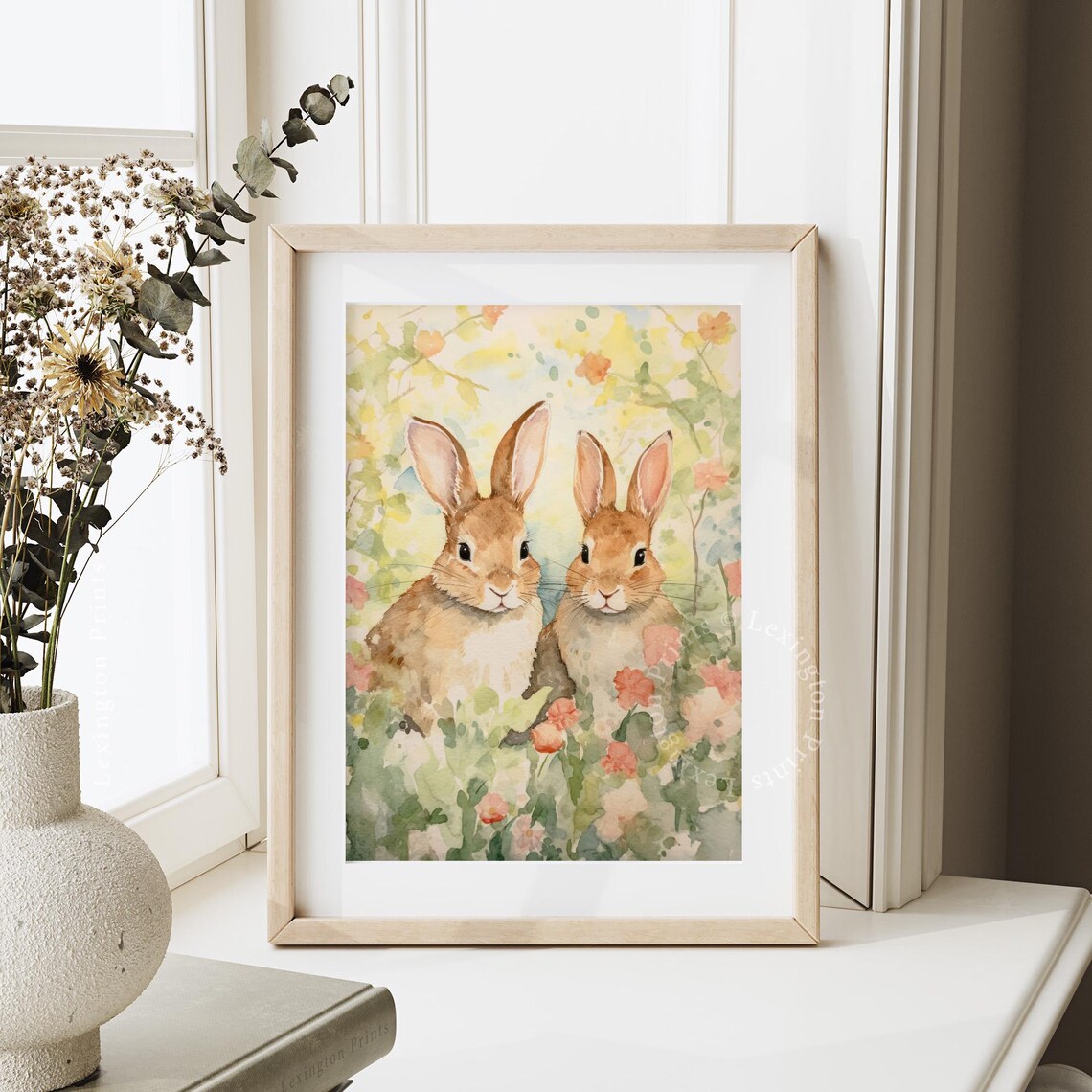 Two Bunnies in a Spring Garden Watercolor Bunny Rabbit Poster - Image 3