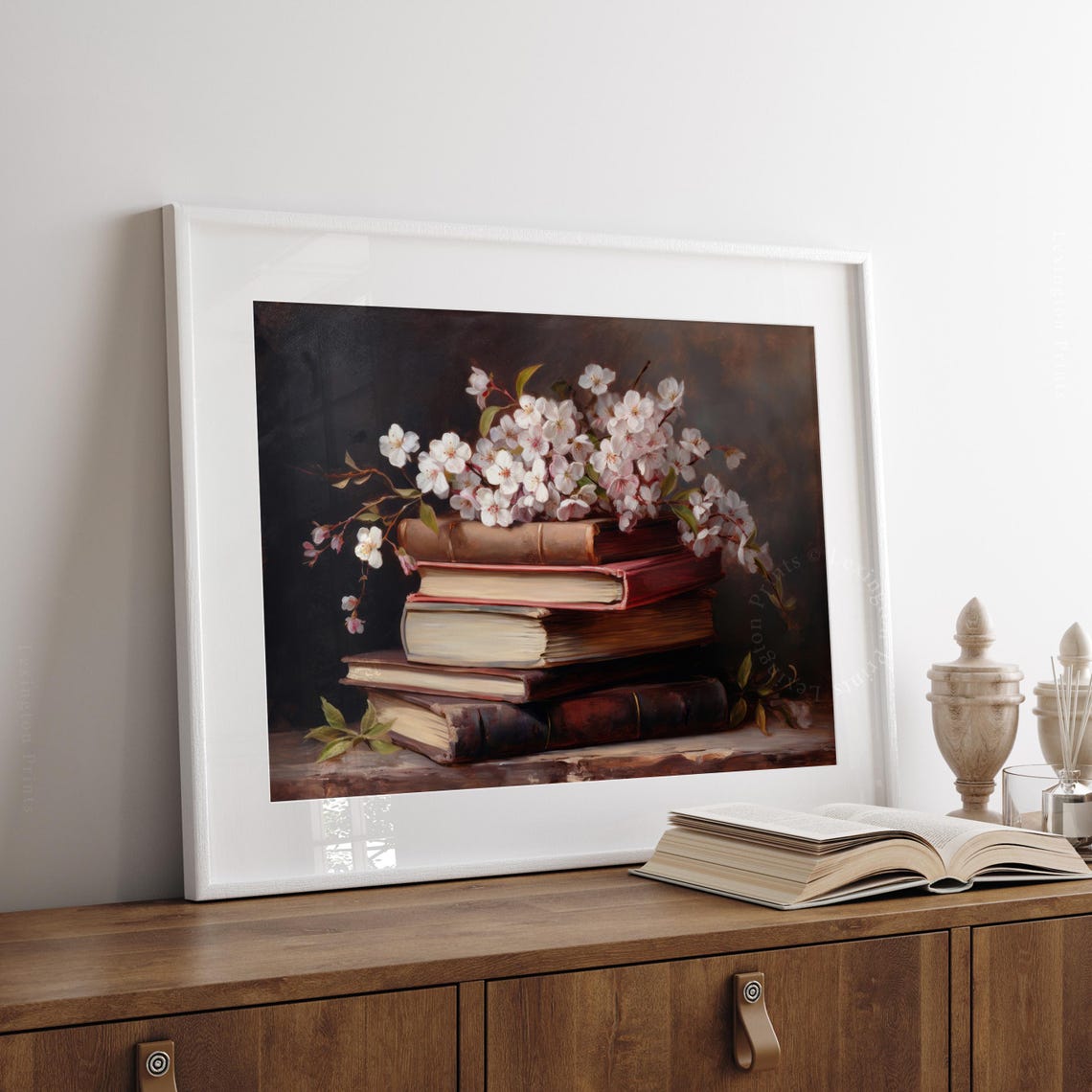 Cherry Blossom Branches Resting on Stack of Old Books Still Life Print - Image 6