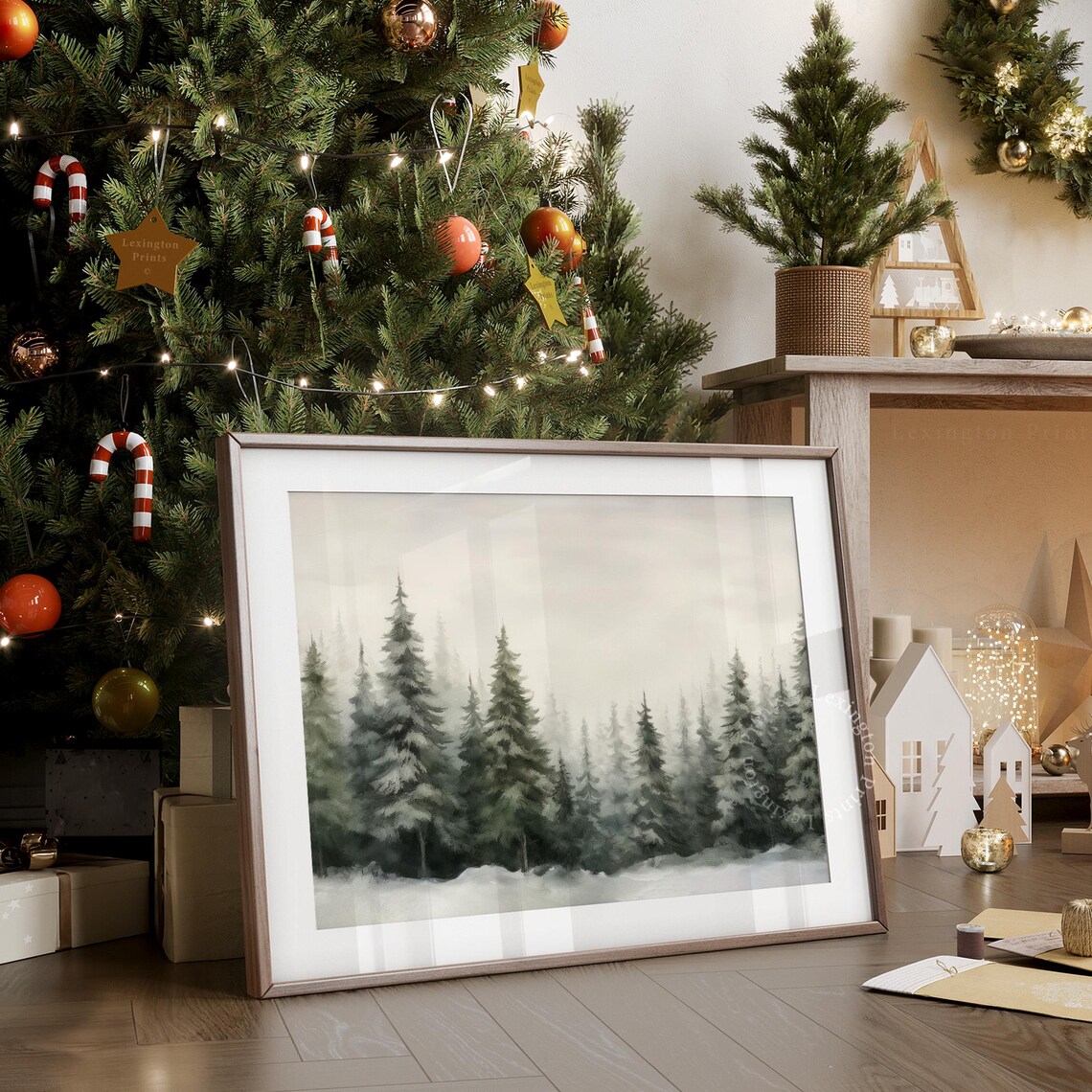 Misty Snowy Pine Forest Winter Woodland Watercolor Style Poster - Image 7