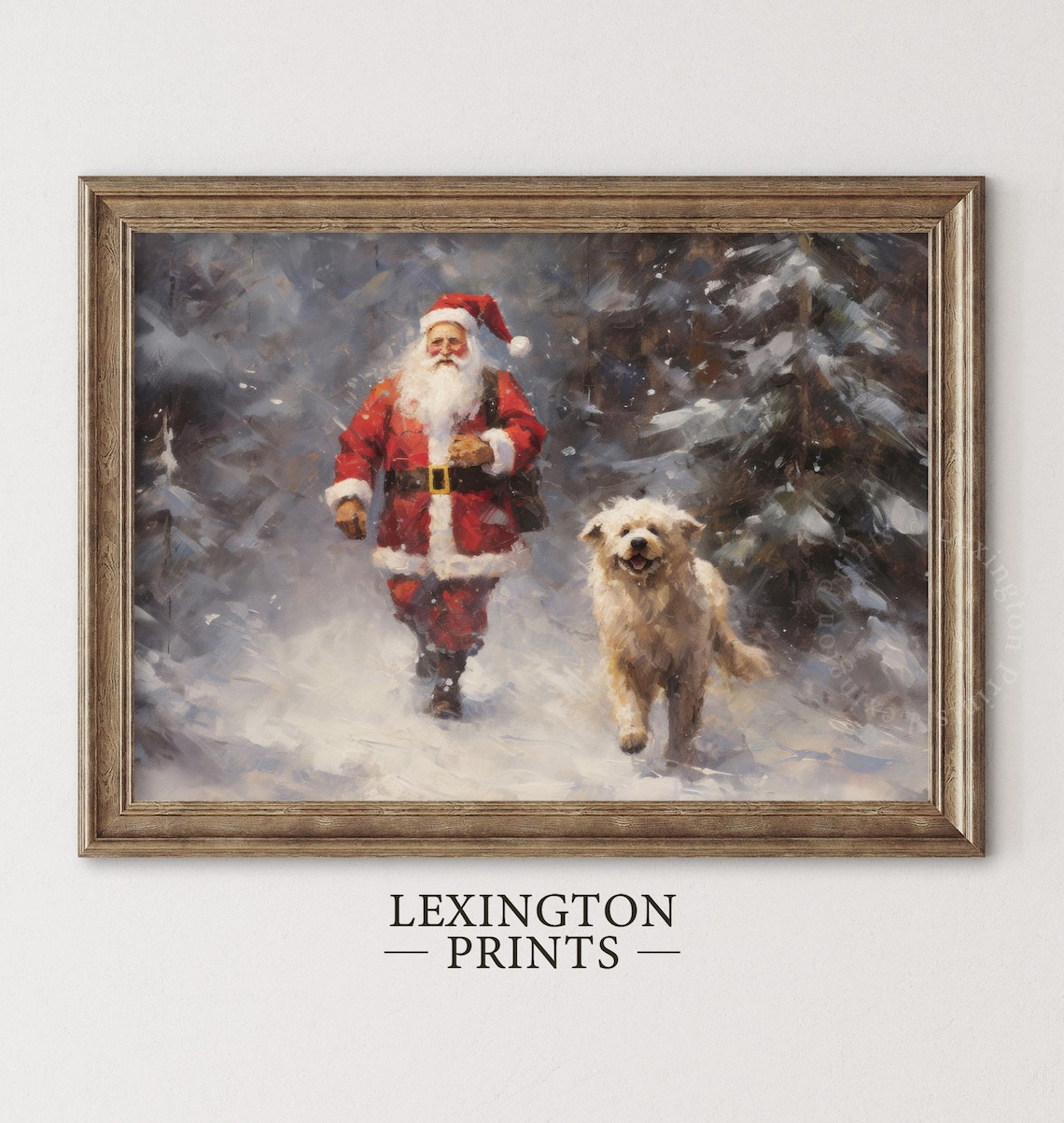 Santa Claus Walking Through Snowy Woods With Happy White Dog Poster - Image 5