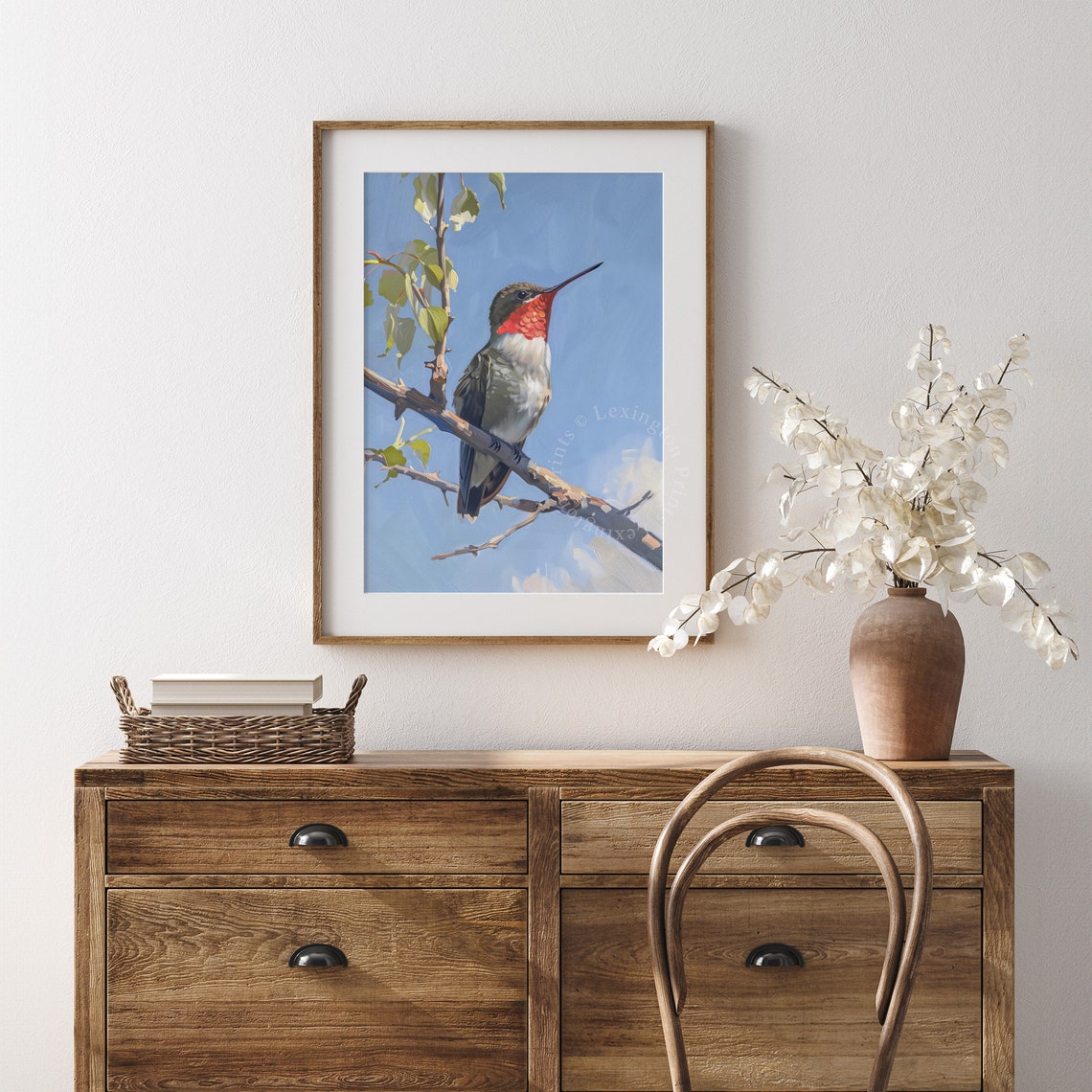 Ruby-Throated Hummingbird on Branch Blue Sky Summer Bird Poster - Image 8