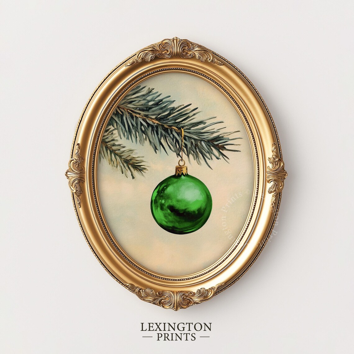 Green Christmas Ornament on Pine Branch Minimal Oil Painting Poster - Image 5