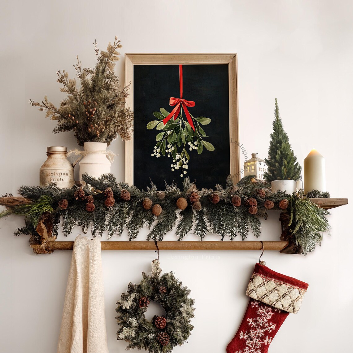 Mistletoe Hanging From Red Ribbon on Dark Background Botanical Print - Image 5