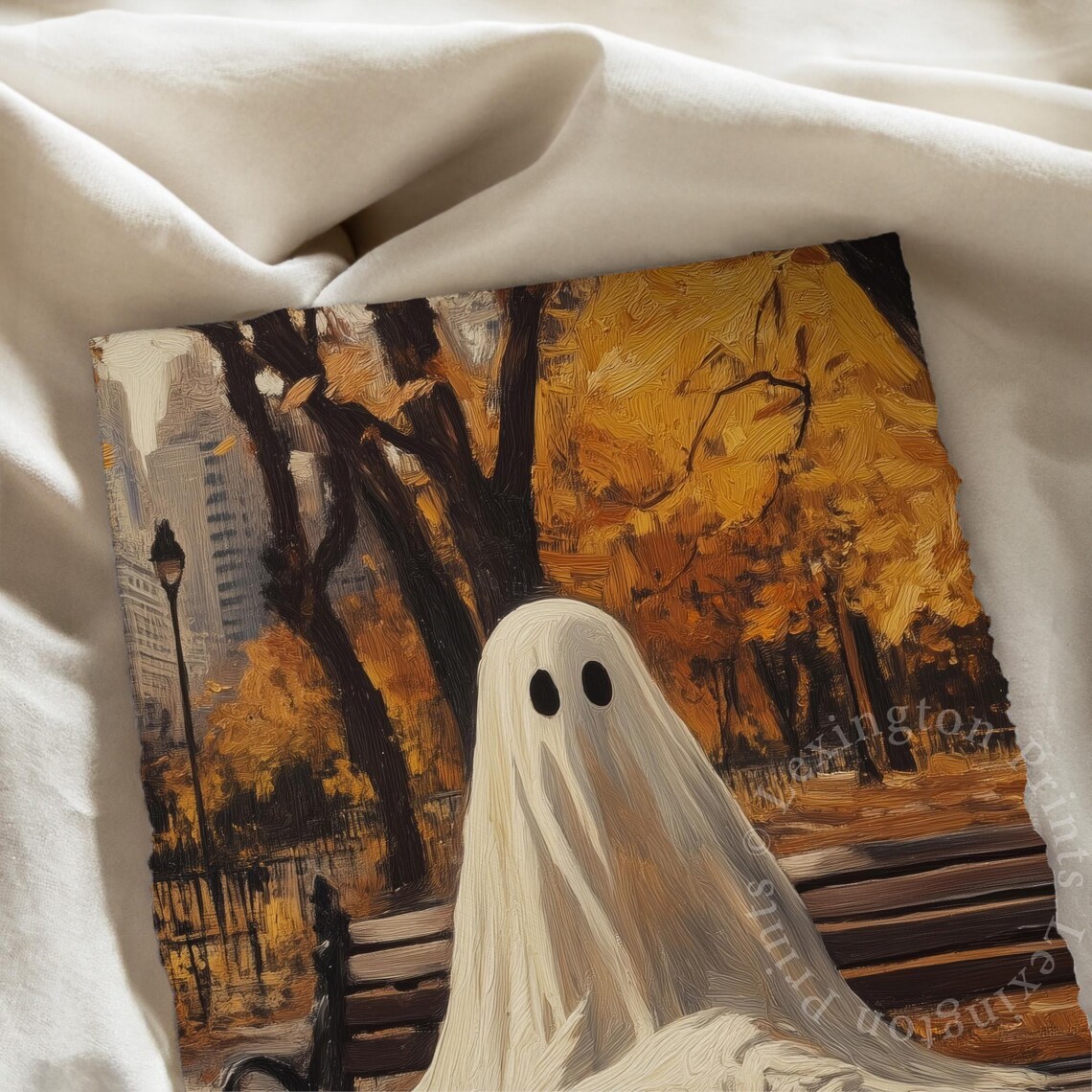 Ghost Sitting on Park Bench Autumn Foliage Oil Painting Fall Poster - Image 7