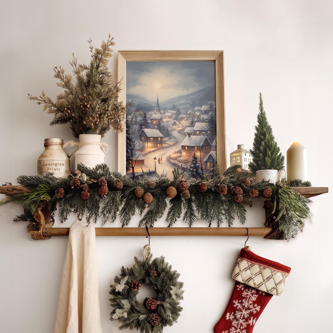 Snowy Christmas Village Town Church Night Winter Painting Poster - Image 6