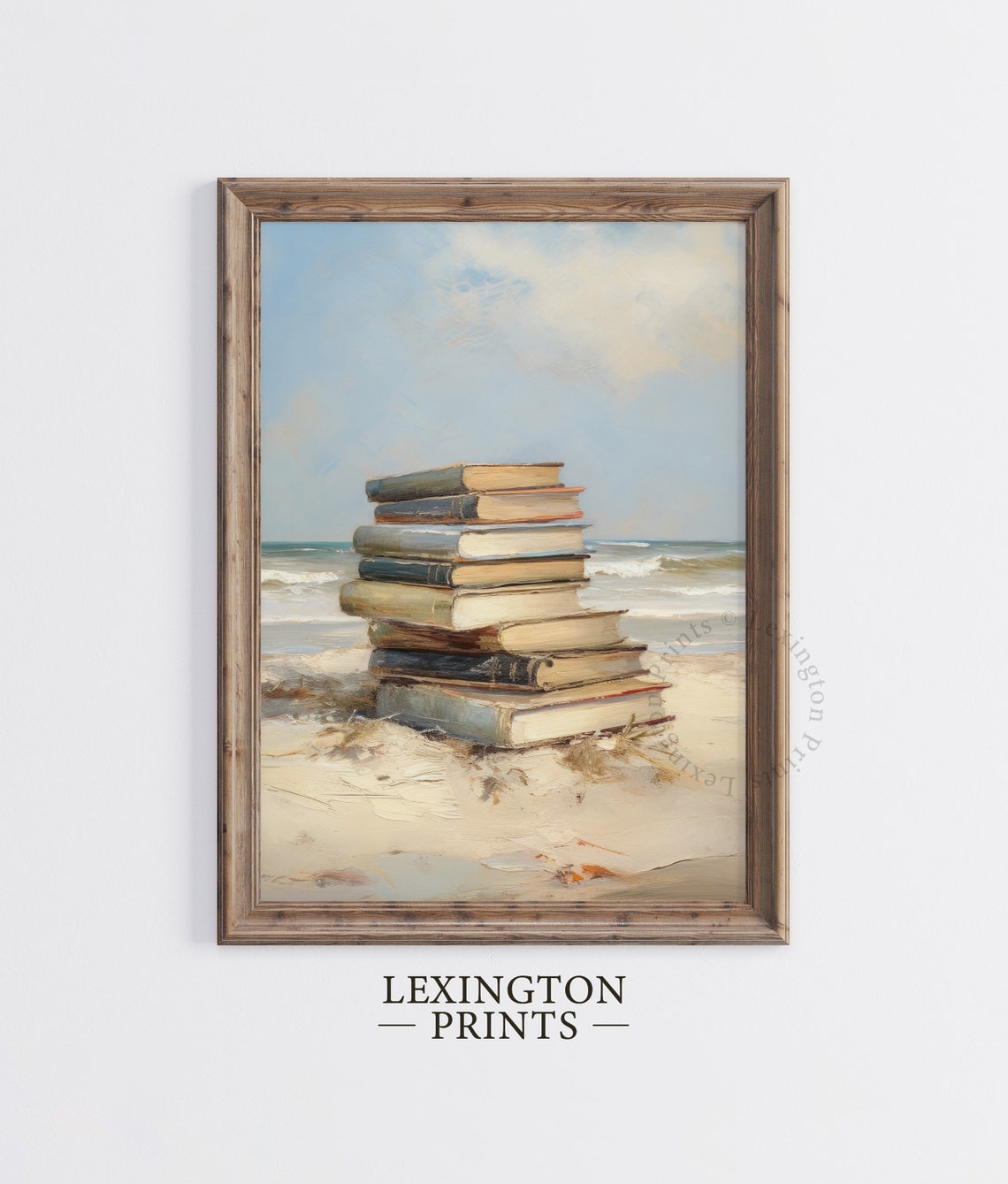 Stack of Vintage Books on Sandy Beach Ocean Painting Wall Art - Image 5