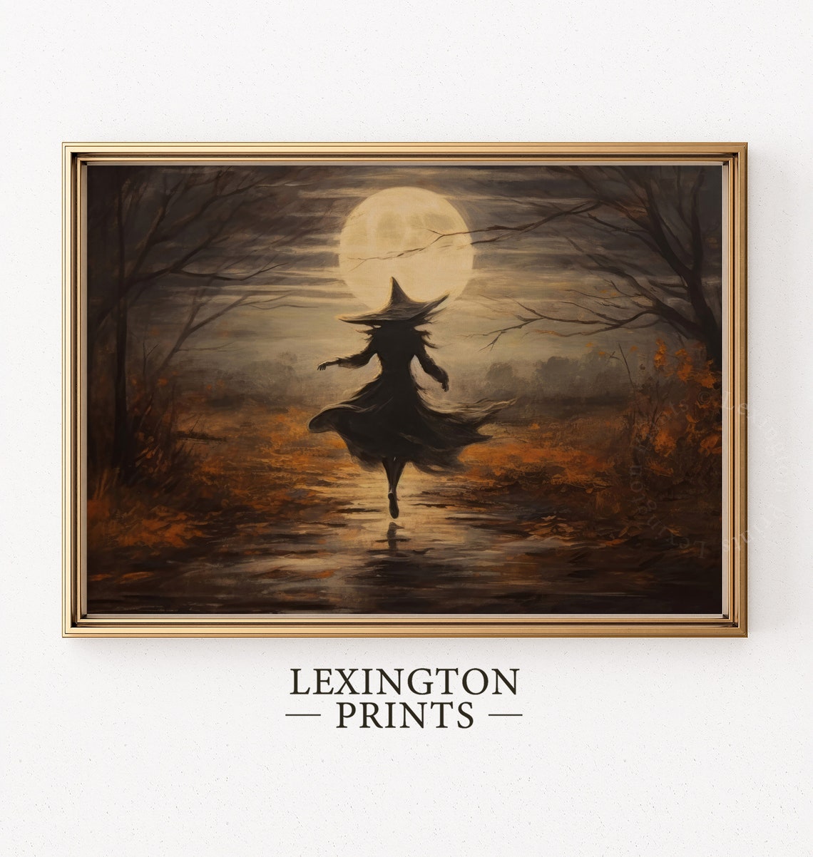 Witch Dancing Under Full Moon on Autumn Path Spooky Halloween Poster