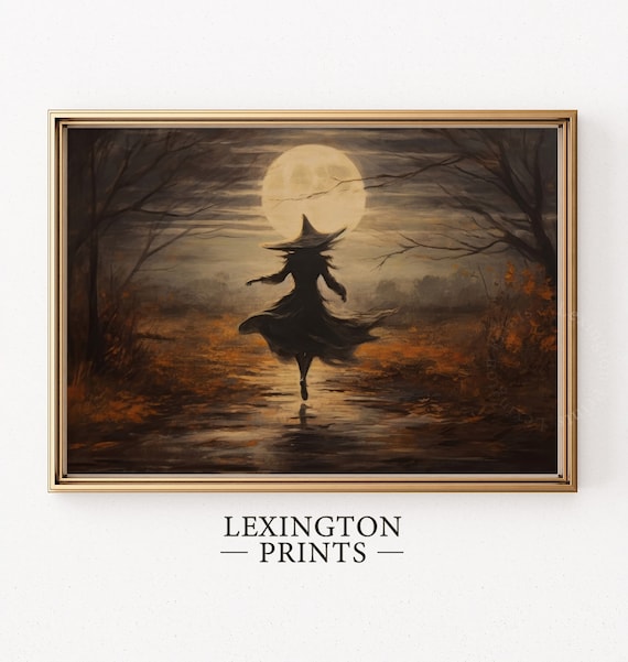 Witch Dancing Under Full Moon on Autumn Path Spooky Halloween Poster
